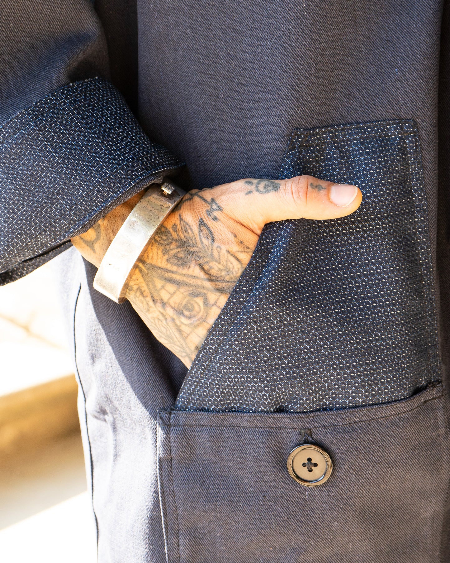 Uramasari Canvas Worker Long Coat - Blue Kikko Lining