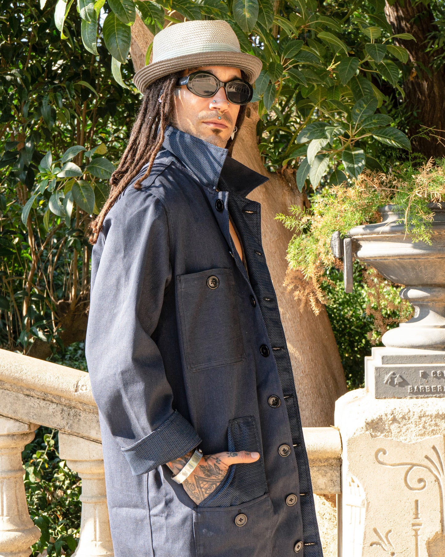 Uramasari Canvas Worker Long Coat - Blue Kikko Lining