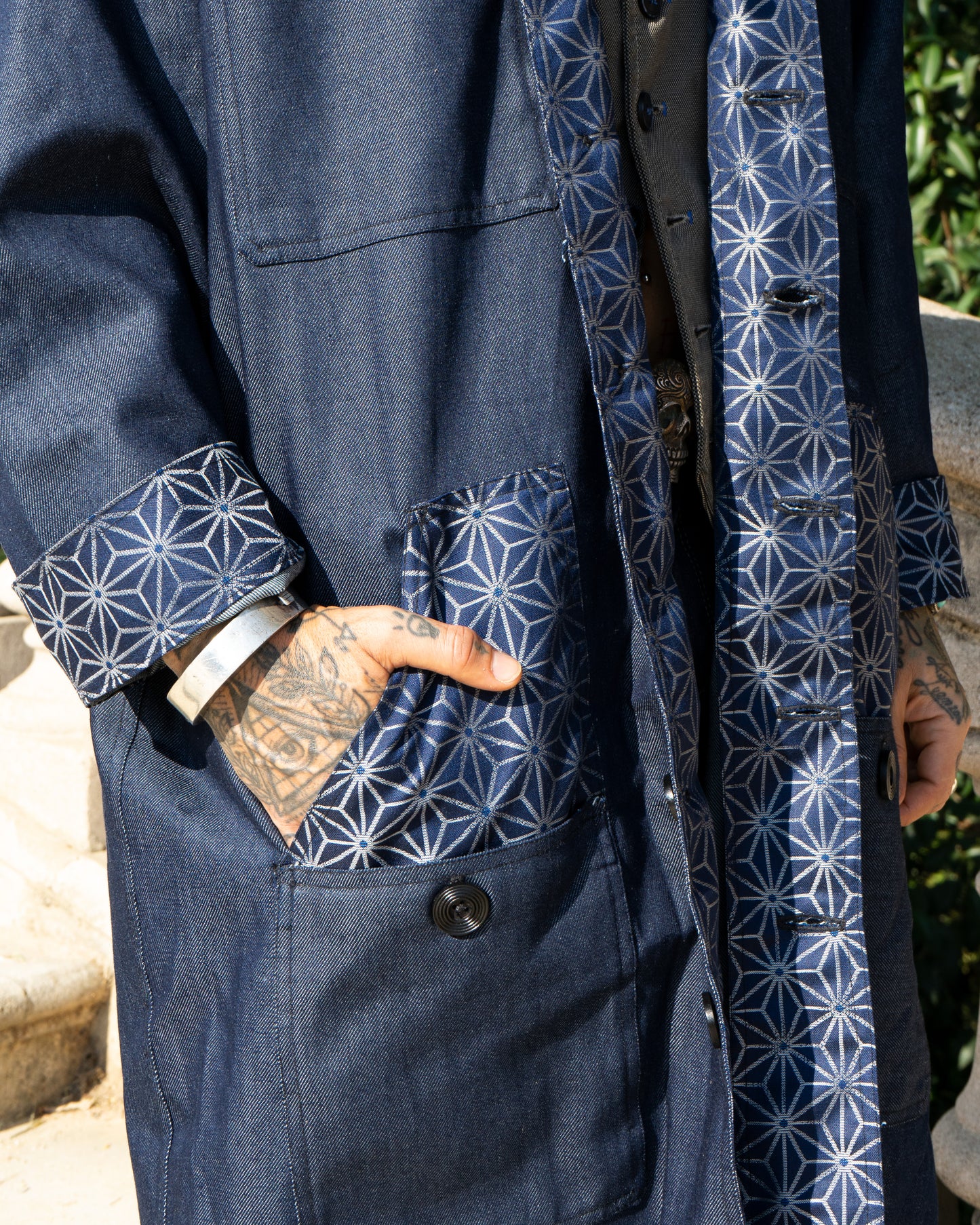 Uramasari Denim Worker Long Coat - Blue Asanoha Lining