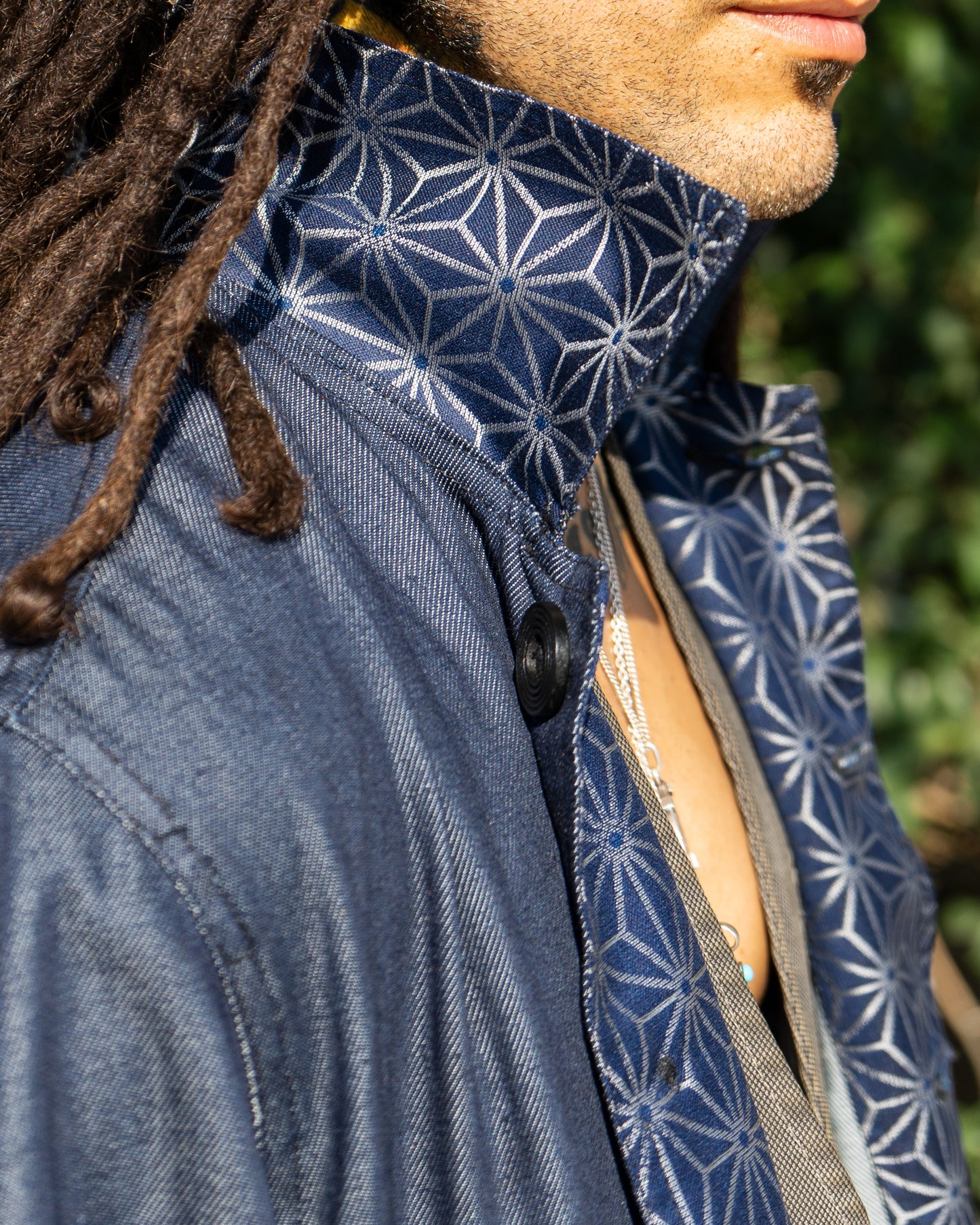 Uramasari Denim Worker Long Coat - Blue Asanoha Lining