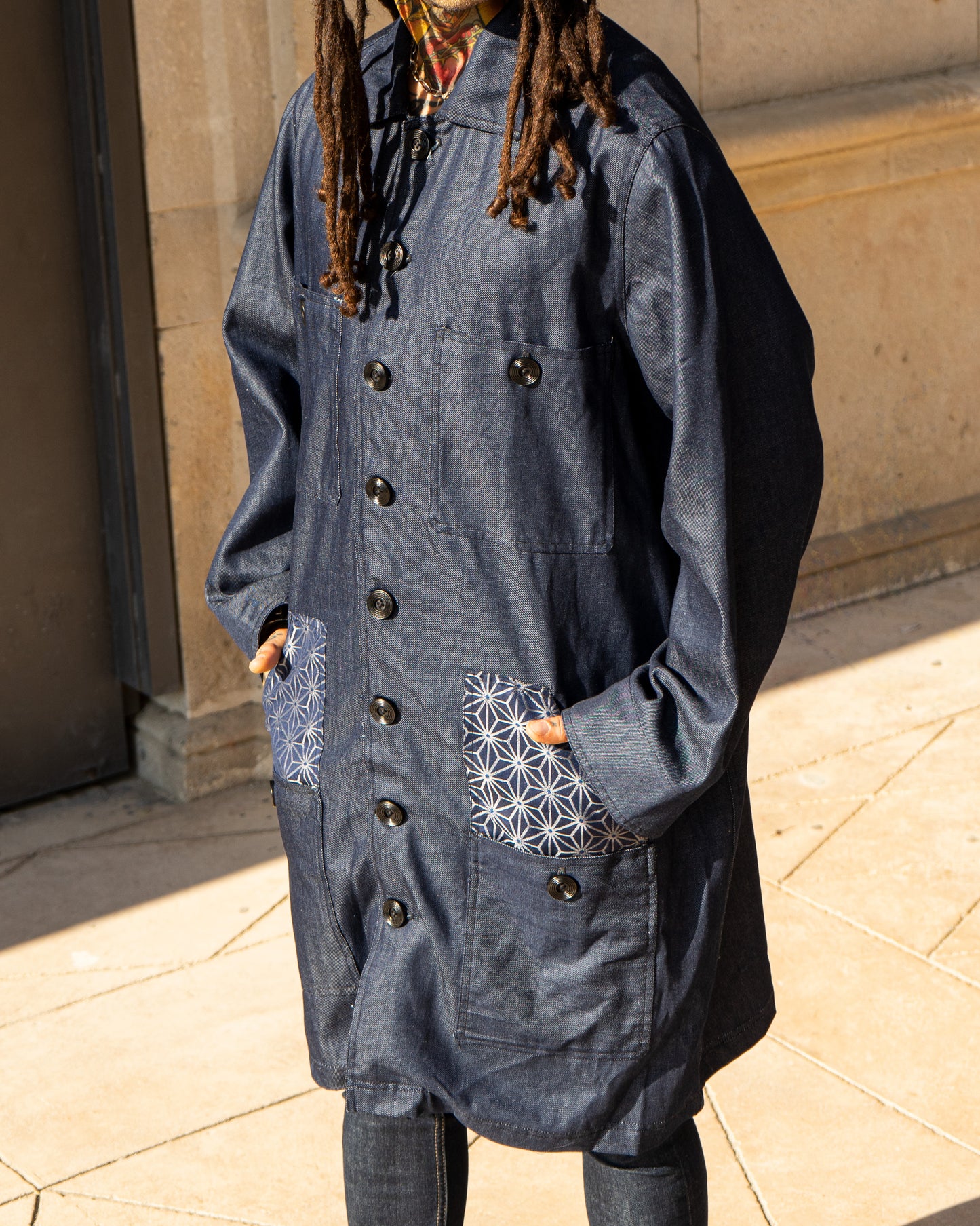 Uramasari Denim Worker Long Coat - Blue Asanoha Lining