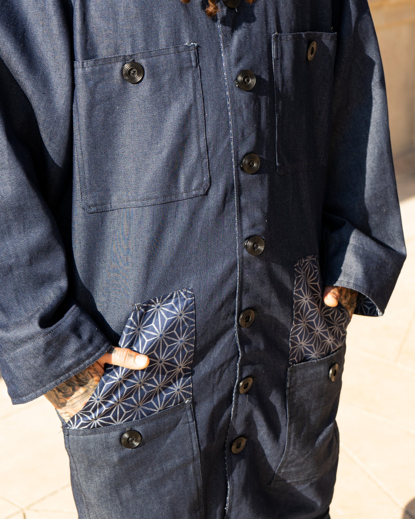 Uramasari Denim Worker Long Coat - Blue Asanoha Lining