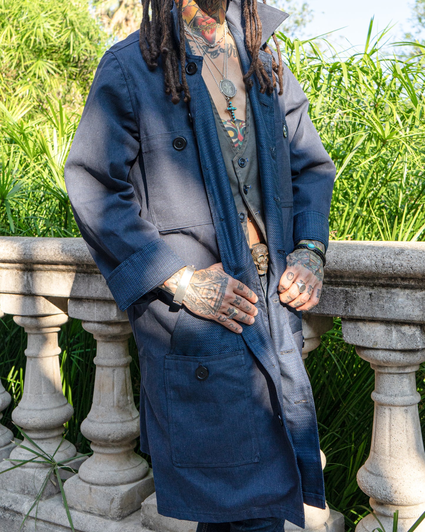 Uramasari Canvas Worker Long Coat - Blue Kikko Lining