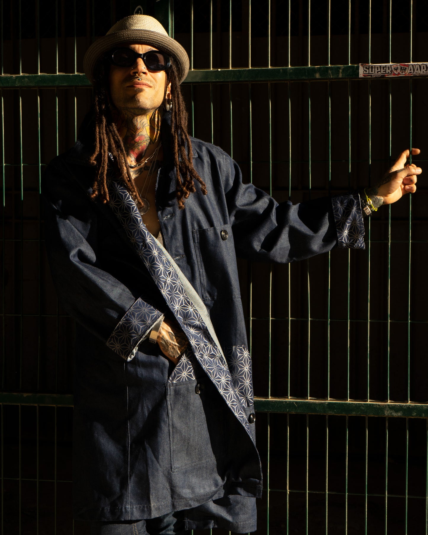 Uramasari Denim Worker Long Coat - Blue Asanoha Lining