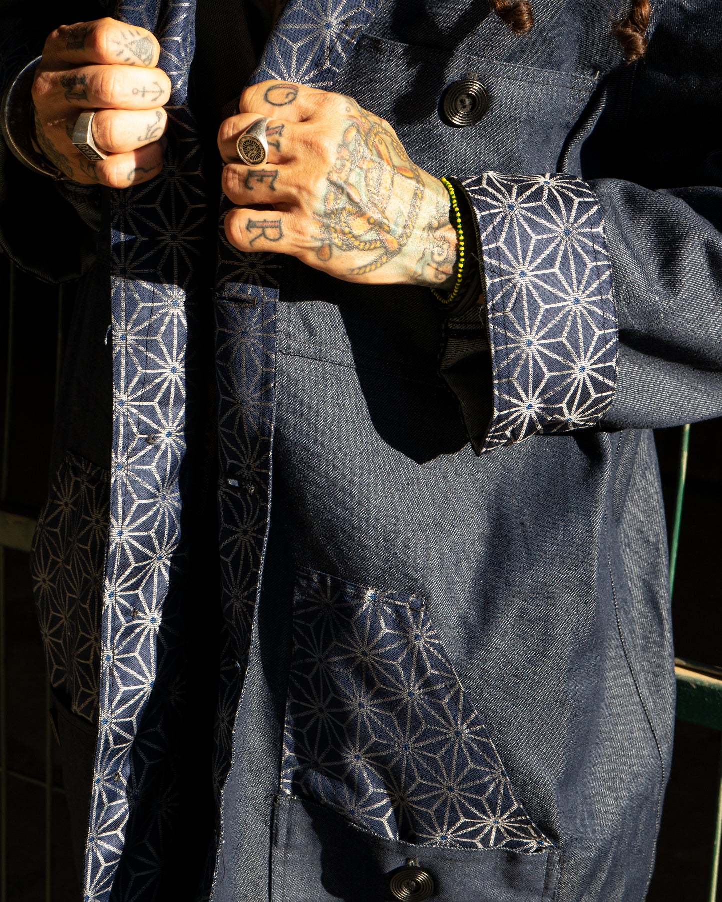 Uramasari Denim Worker Long Coat - Blue Asanoha Lining