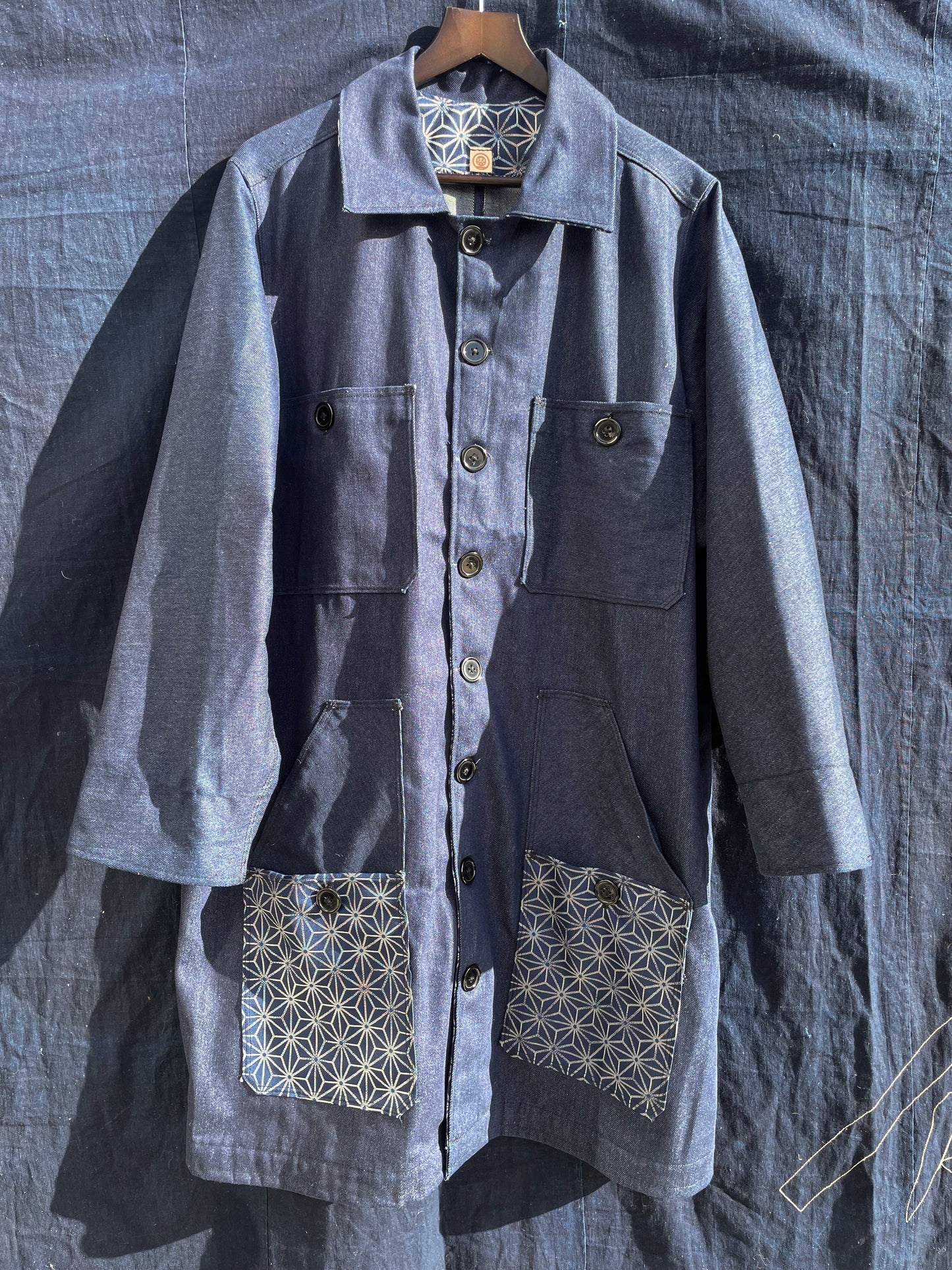 Homemade Denim Worker Coat With Kimono Fabric Black Line Version