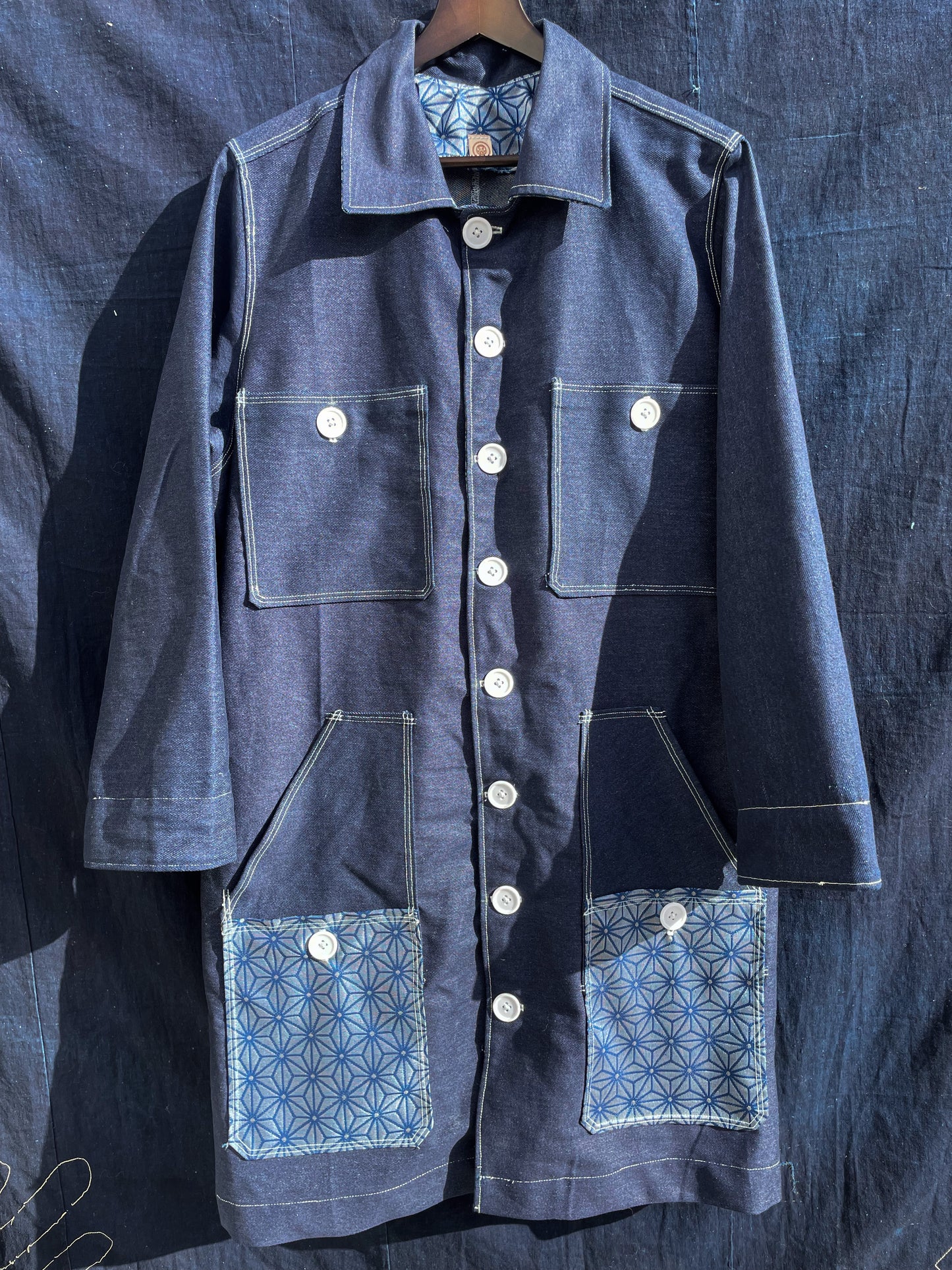 Homemade Denim Worker Coat With Kimono Fabric White Version