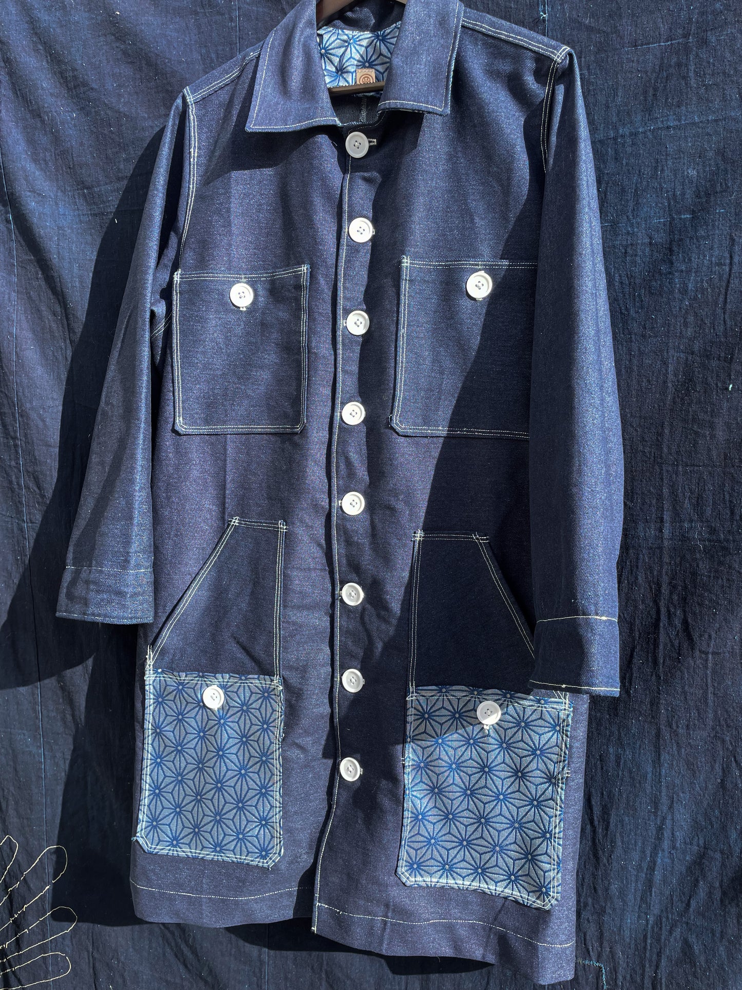 Homemade Denim Worker Coat With Kimono Fabric White Version