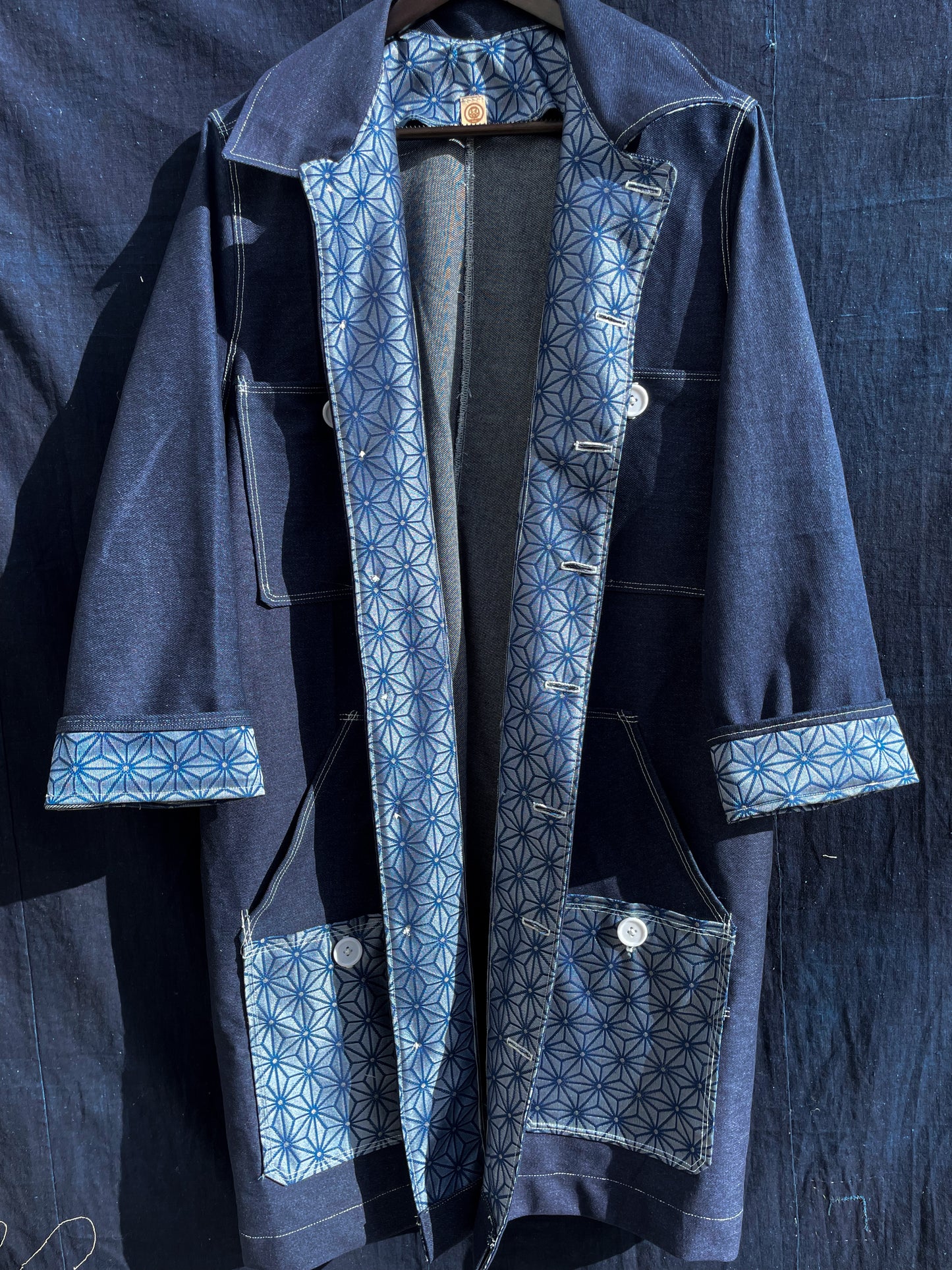Homemade Denim Worker Coat With Kimono Fabric White Version