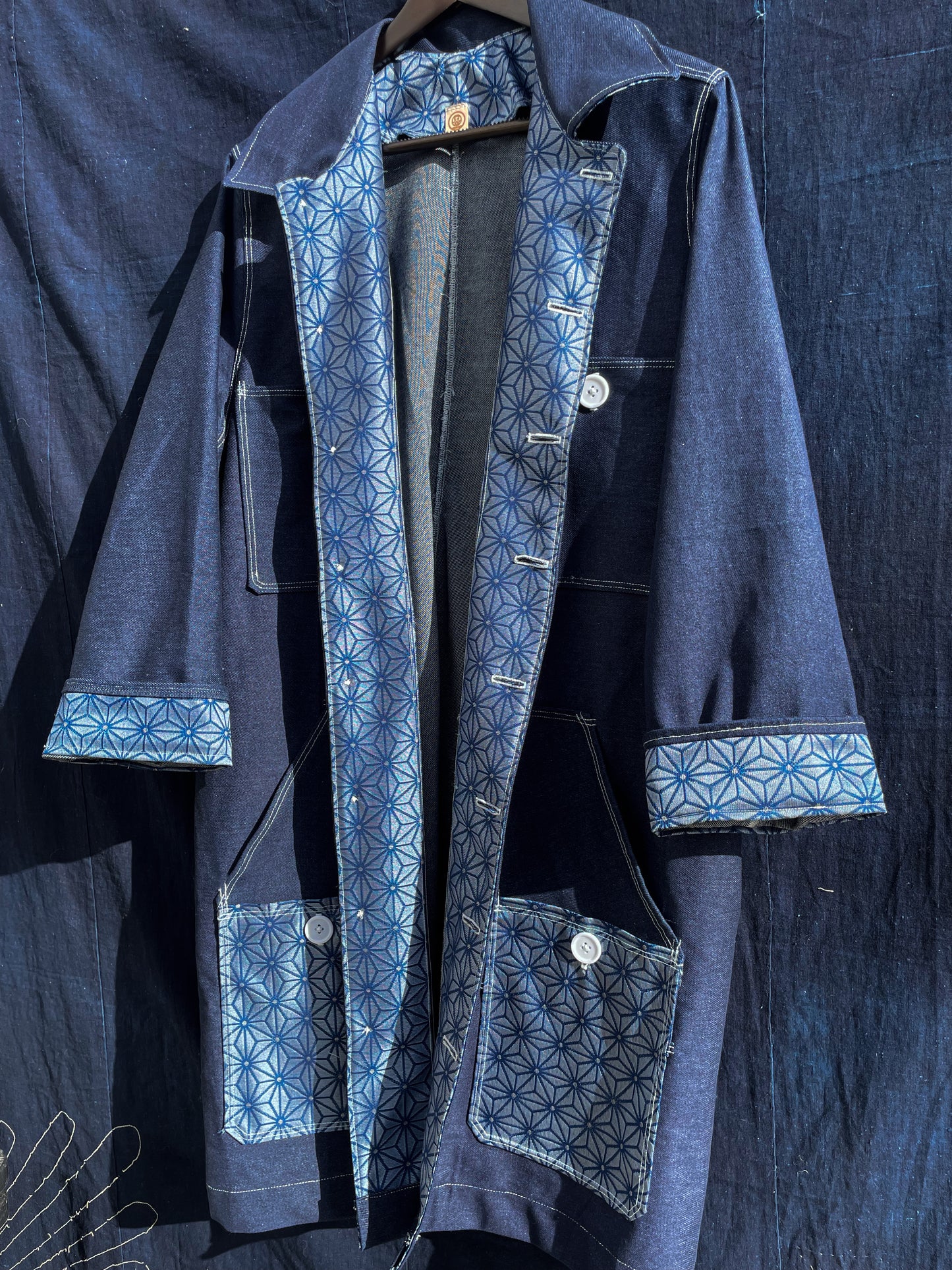 Homemade Denim Worker Coat With Kimono Fabric White Version
