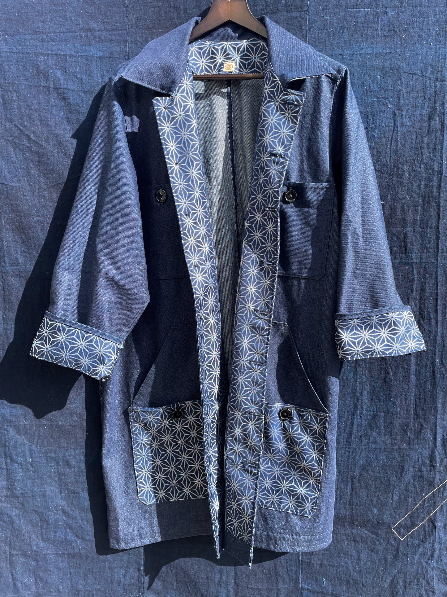 Homemade Denim Worker Coat With Kimono Fabric Black Line Version