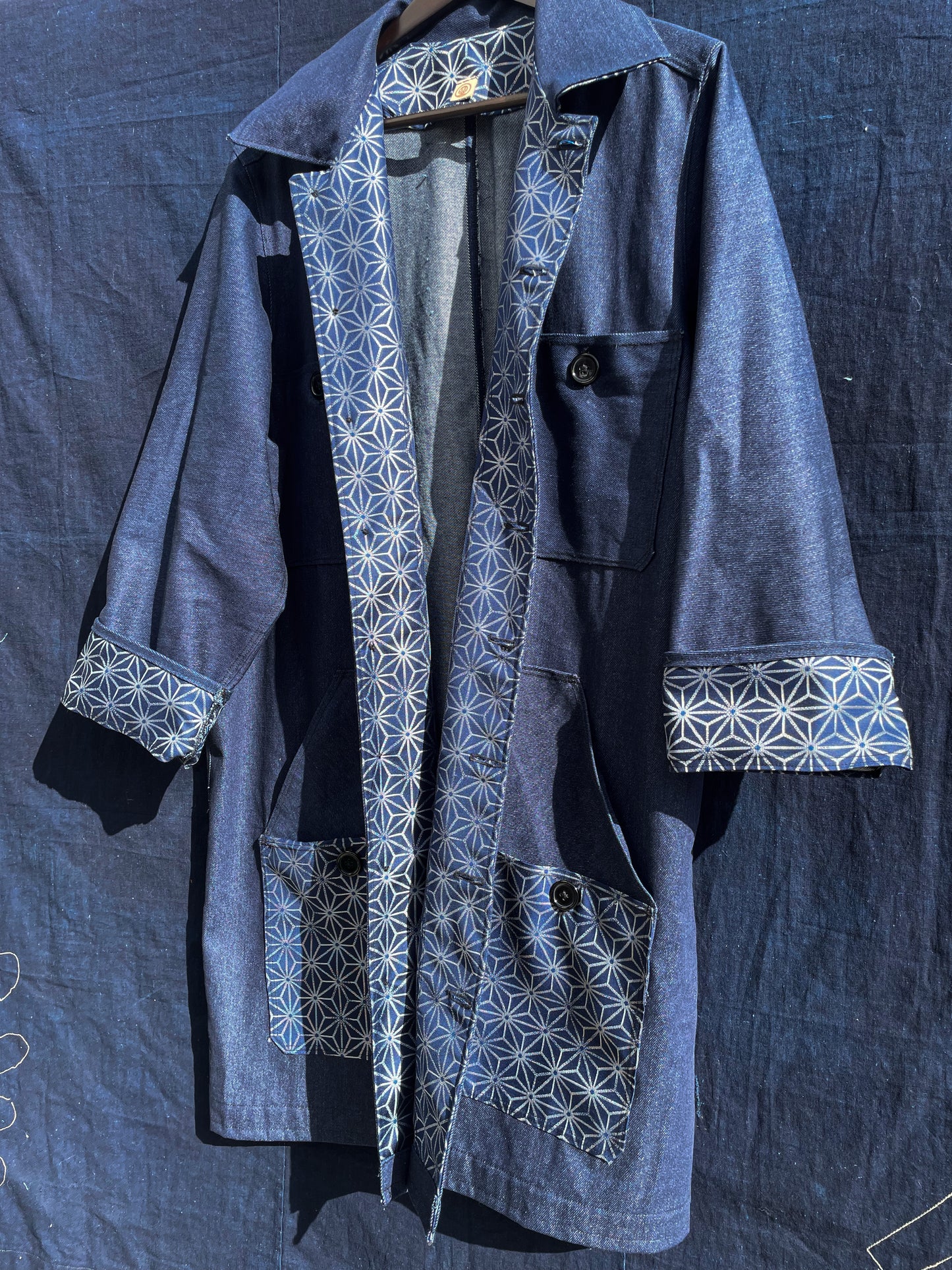 Homemade Denim Worker Coat With Kimono Fabric Black Line Version