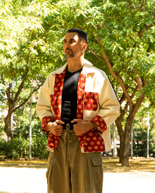 Uramasari White Worker Jacket with Hexagons Flower