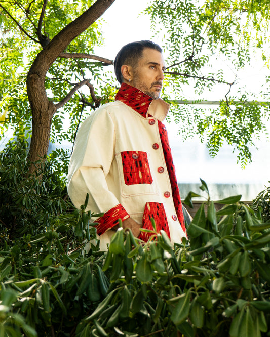 Uramasari White Worker Jacket - Red Ikat Kimono Lining