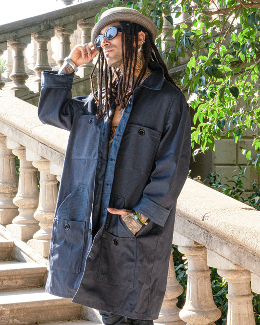 Uramasari Canvas Worker Long Coat -  Blue Kikko Lining