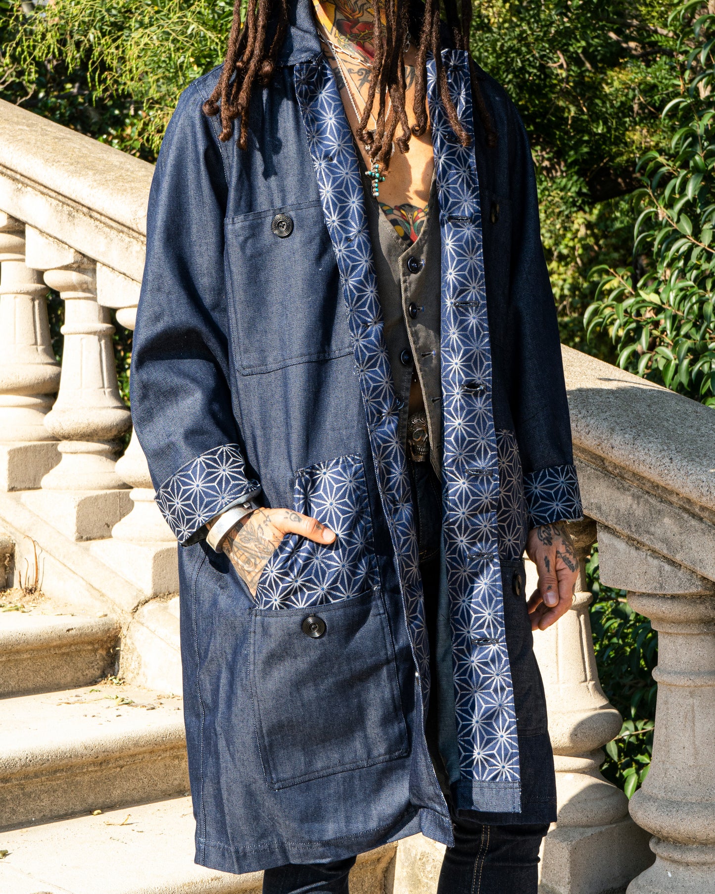 Uramasari Denim Worker Long Coat -  Blue Asanoha Lining