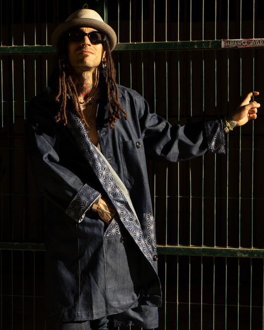 Uramasari Denim Worker Long Coat -  Blue Asanoha Lining