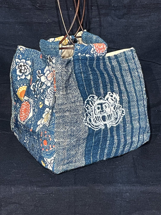 Daruma Furugi Embroidery Drawstring Bag - leather roll shoulder strap